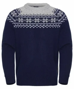 Gridarmor Men's Snøkrystall Round Neck Ullgenser Dark Navy/Light Grey/White