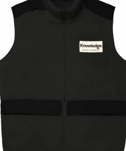 Knowledge Cotton Apparel Men's Teddy Fleece Hood Vest With Rib Stop In Contrast Color Black Jet
