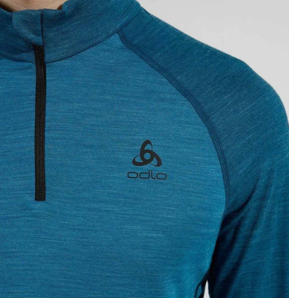 Odlo Men's Tn Long Sleeve Halfzip Natural Provincial Blue - Dark Grey Melange